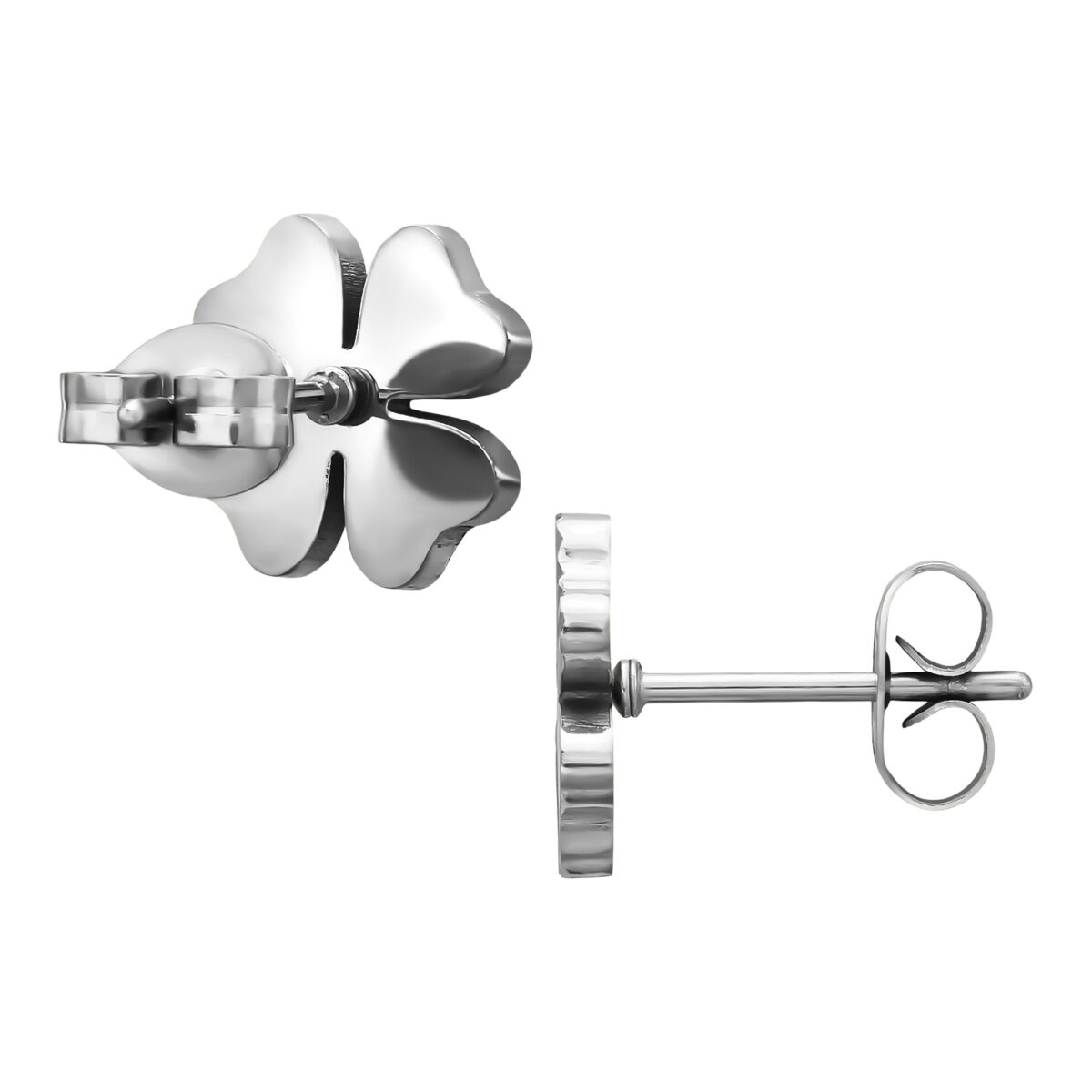 Zilveren stainless steel klavertje vier met textuur oorbellen - Afbeelding 2