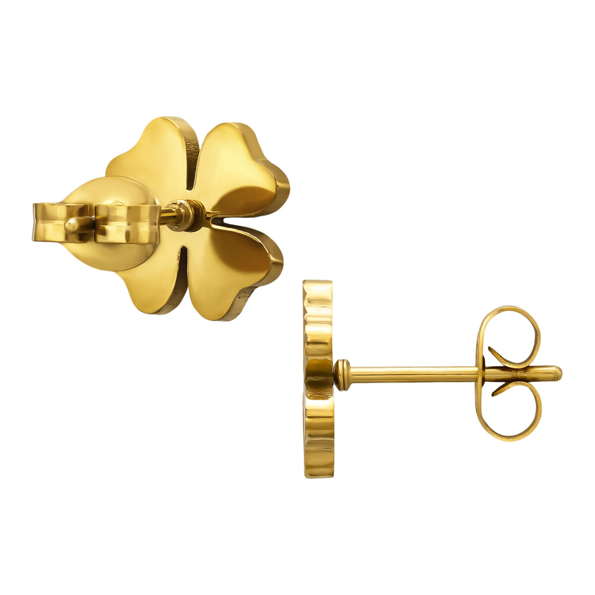 Gold plated stainless steel klavertje vier met textuur oorbellen - Afbeelding 2